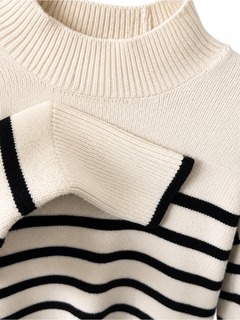 Philosophy Breton Striped Mock Crew Neck Sweater Ivory Black Soft Knit Cozycore - Picture 9 of 16
